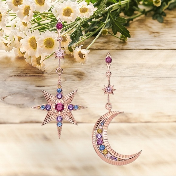 NWOT crescent moon and star dangle earrings, Sterling silver 18k rose gold plt - Picture 11 of 17